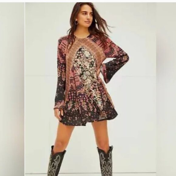 Free People Stevie Black Combo Printed Tunic Dress w/ Flowy Bell Sleeves Size S - Picture 2 of 12